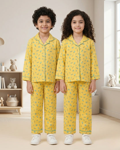 Yellow Premium Cotton Full Sleeves Printed Collar Style Pyjama & T-Shirt Set for Boys & Girls