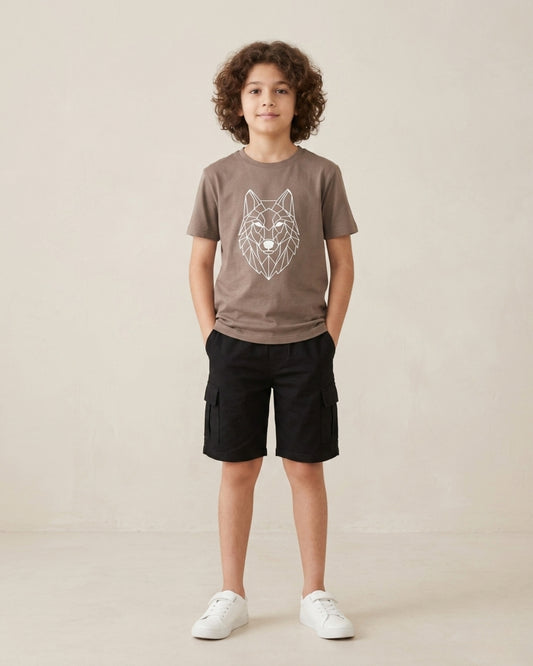 Tiger Printed Premium Cotton Half Sleeves Brown T-Shirt with Black Shorts for Boys