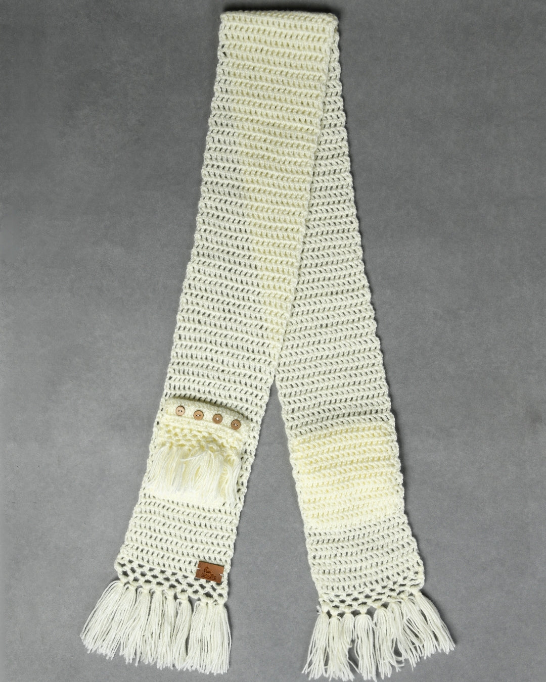 Off White Self Designed Handmade Woollen Knitted Muffler for Girls
