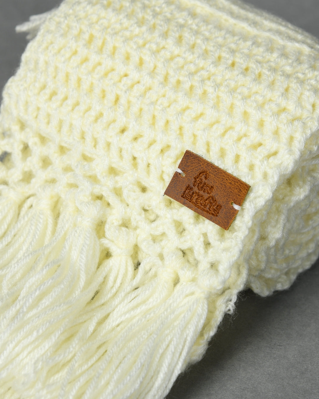 Off White Self Designed Handmade Woollen Knitted Muffler for Girls