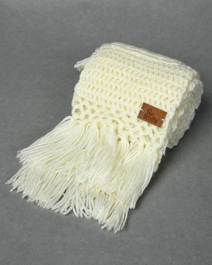 Off White Self Designed Handmade Woollen Knitted Muffler for Girls