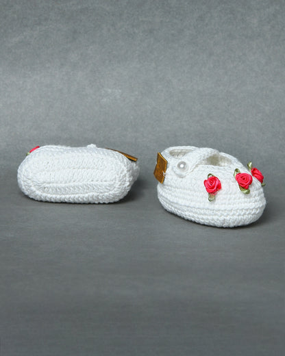 White Handmade Organic Thread Crochet Booties with Pink Floral Embellishment for Girls