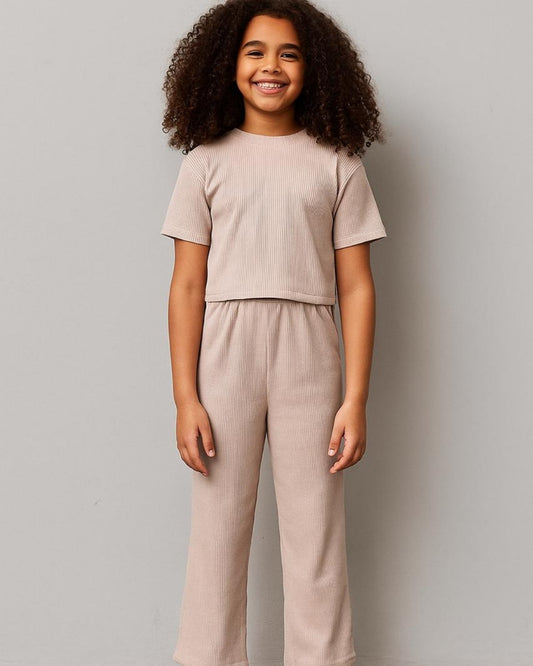 Beige Premium Cotton Half Sleeves Solid Co-ord Set for Girls