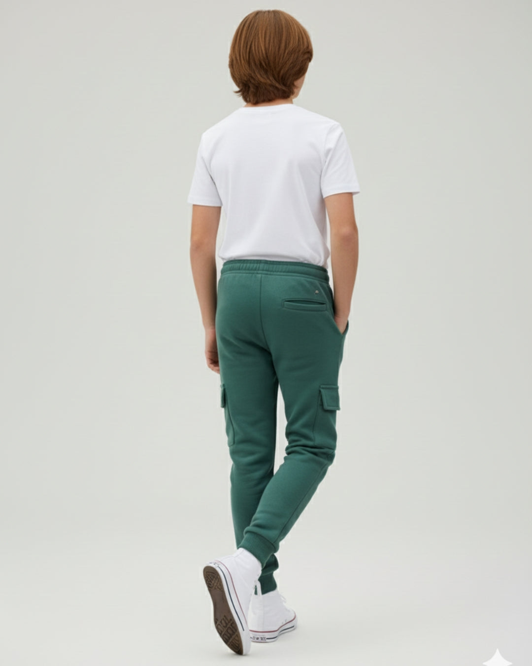 Green Loop Knit Cotton Cargo Jogger with Pockets for Boys & Girls