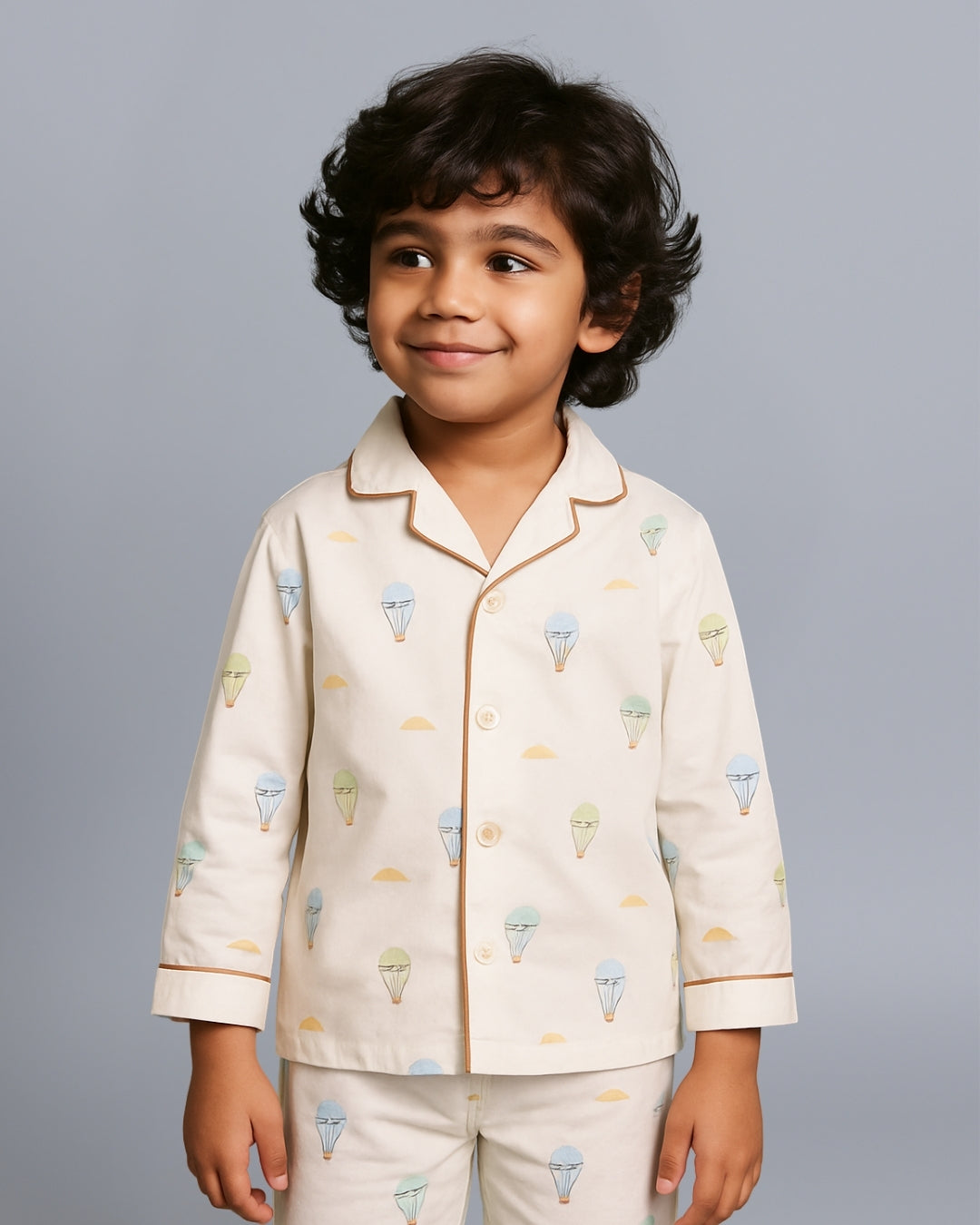 White Premium Cotton Full Sleeves Graphic Printed Collar Style Nightsuit for Boys & Girls