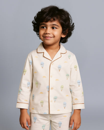 White Premium Cotton Full Sleeves Graphic Printed Collar Style Nightsuit for Boys & Girls