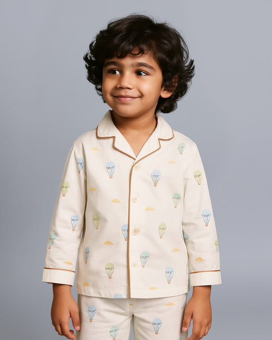 White Premium Cotton Full Sleeves Graphic Printed Collar Style Nightsuit for Boys & Girls
