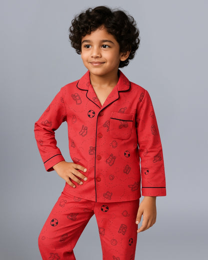 Red Premium Cotton Full Sleeves Car Printed Collar Style Nightsuit for Kids