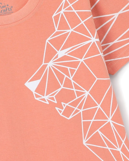 Tiger Printed Premium Cotton Half Sleeves Peach T-Shirt with Grey Jogger for Boys