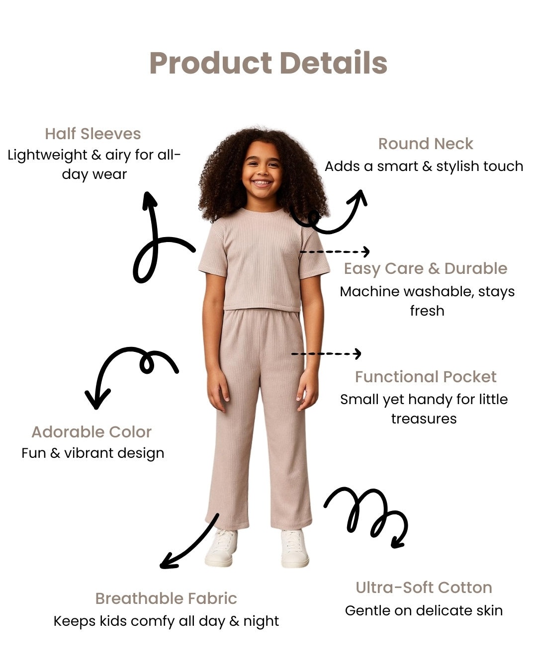 Beige Premium Cotton Half Sleeves Solid Co-ord Set for Girls