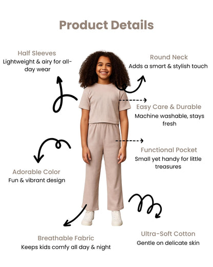 Beige Premium Cotton Half Sleeves Solid Co-ord Set for Girls