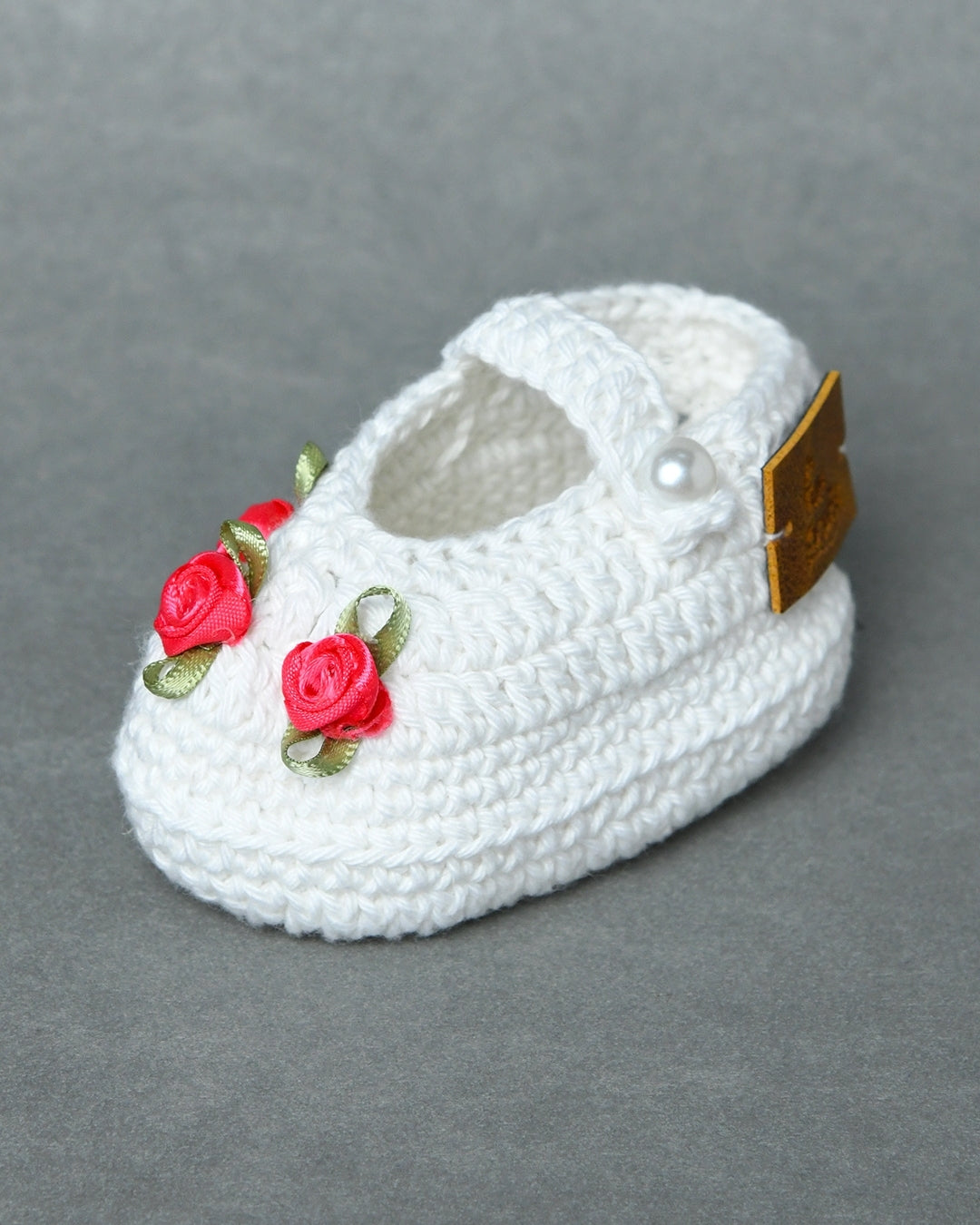 White Handmade Organic Thread Crochet Booties with Pink Floral Embellishment for Girls