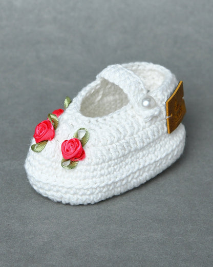 White Handmade Organic Thread Crochet Booties with Pink Floral Embellishment for Girls