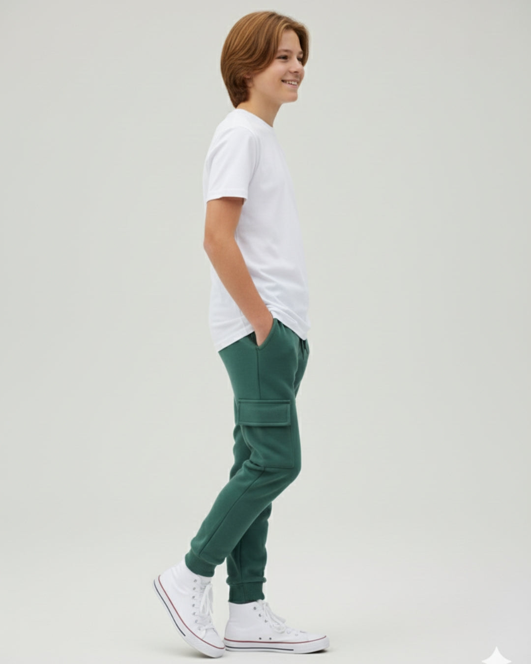 Green Loop Knit Cotton Cargo Jogger with Pockets for Boys & Girls