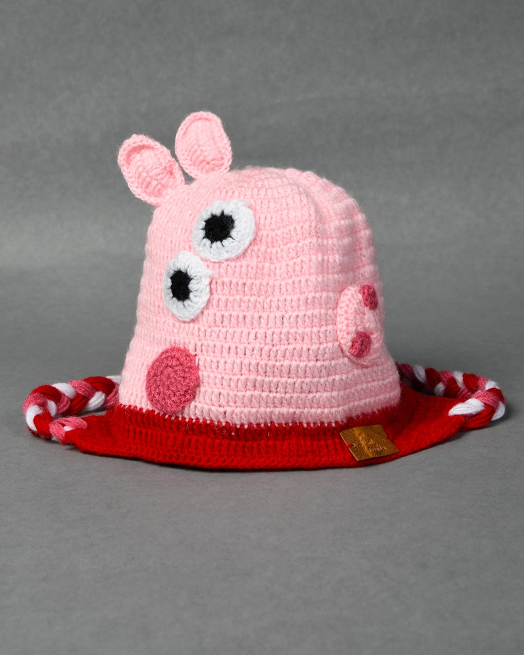 Pink Self Design Beanie Handmade Knitted Woollen Cap for Girls