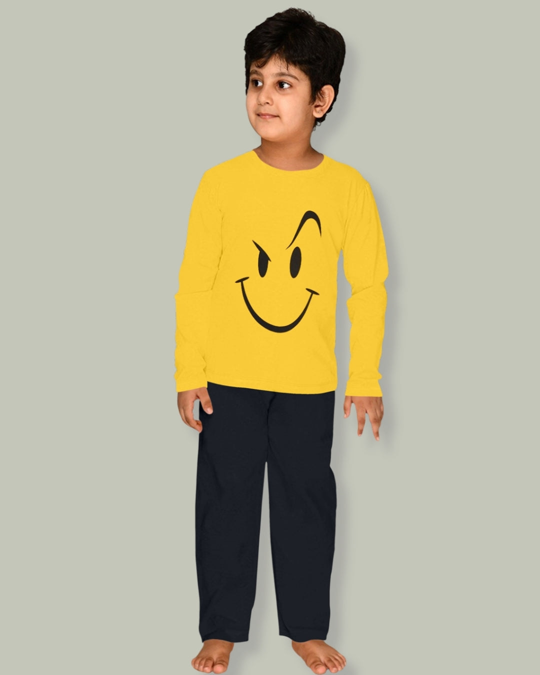 Yellow & Black Smiley Printed Cotton Night Suit for Kids