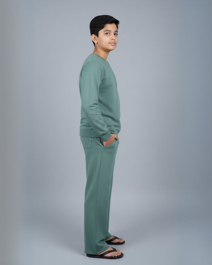 Green Premium Cotton Full Sleeves Solid Jogger Set for Boys