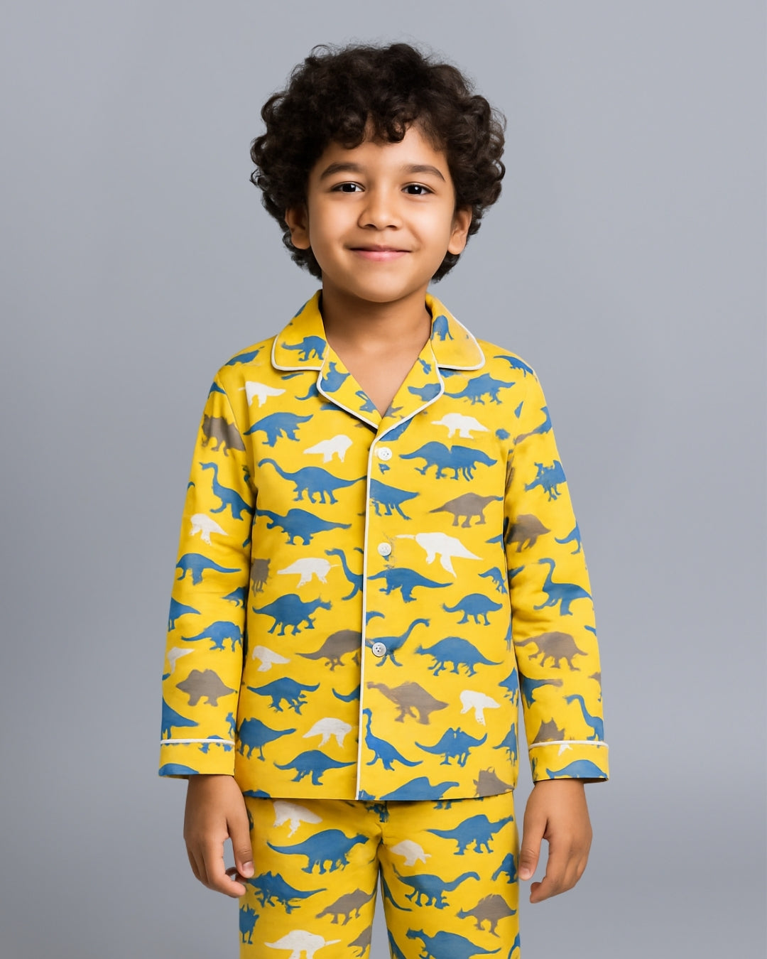 Yellow Premium Cotton Full Sleeves Dinosaur Printed Collar Style Nightsuit for Kids