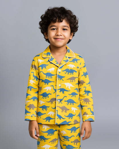 Yellow Premium Cotton Full Sleeves Dinosaur Printed Collar Style Nightsuit for Kids