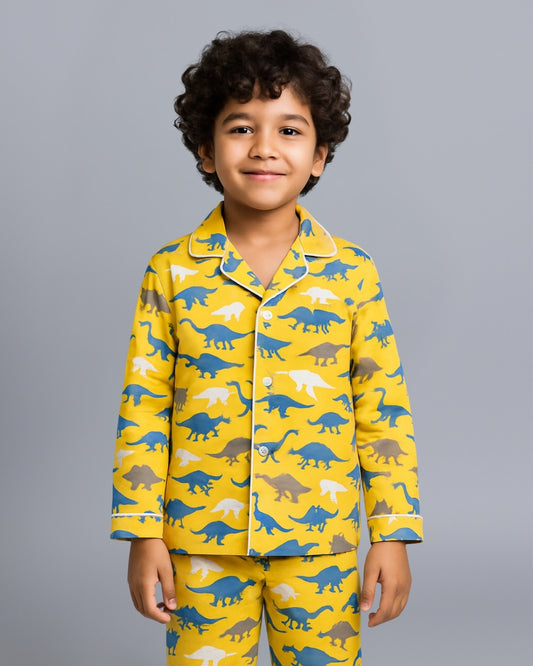 Yellow Premium Cotton Full Sleeves Dinosaur Printed Collar Style Nightsuit for Kids