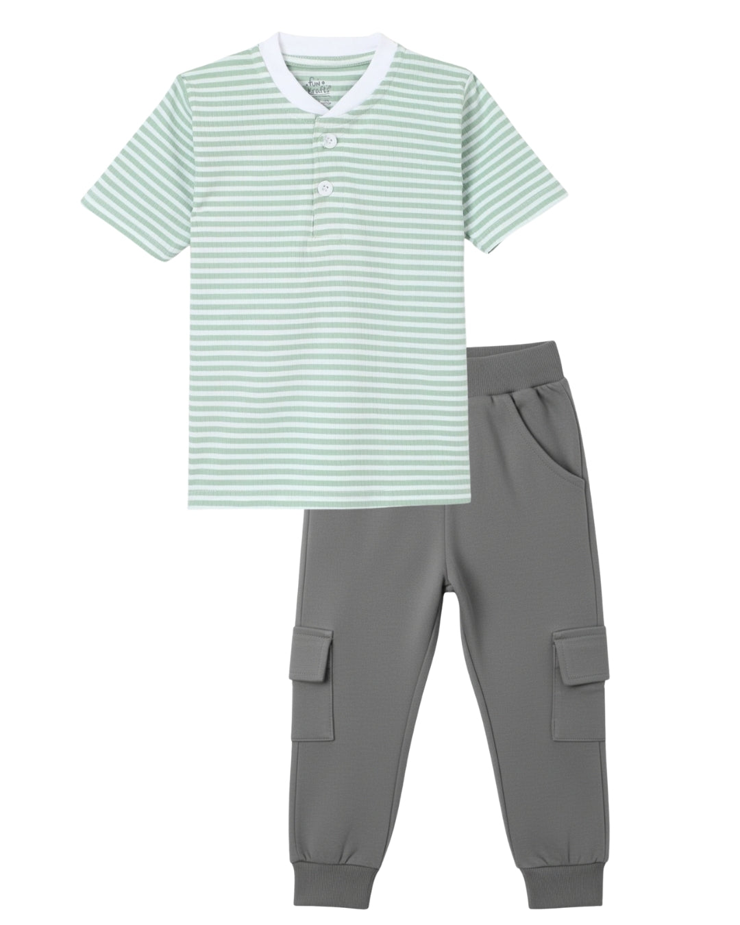Strips Printed Premium Cotton Half Sleeves Green & White T-Shirt with Grey Jogger for Boys