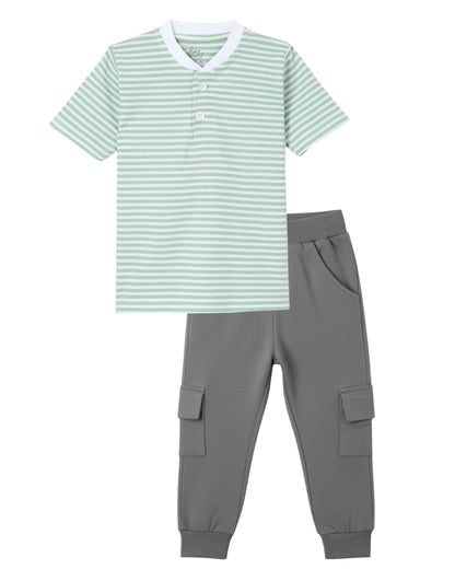 Strips Printed Premium Cotton Half Sleeves Green & White T-Shirt with Grey Jogger for Boys