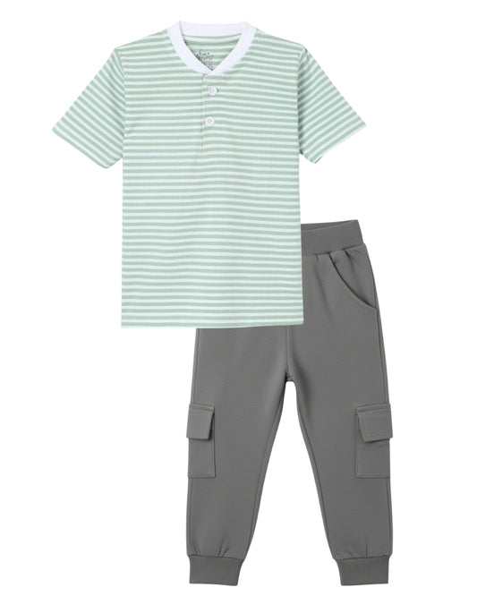 Strips Printed Premium Cotton Half Sleeves Green & White T-Shirt with Grey Jogger for Boys