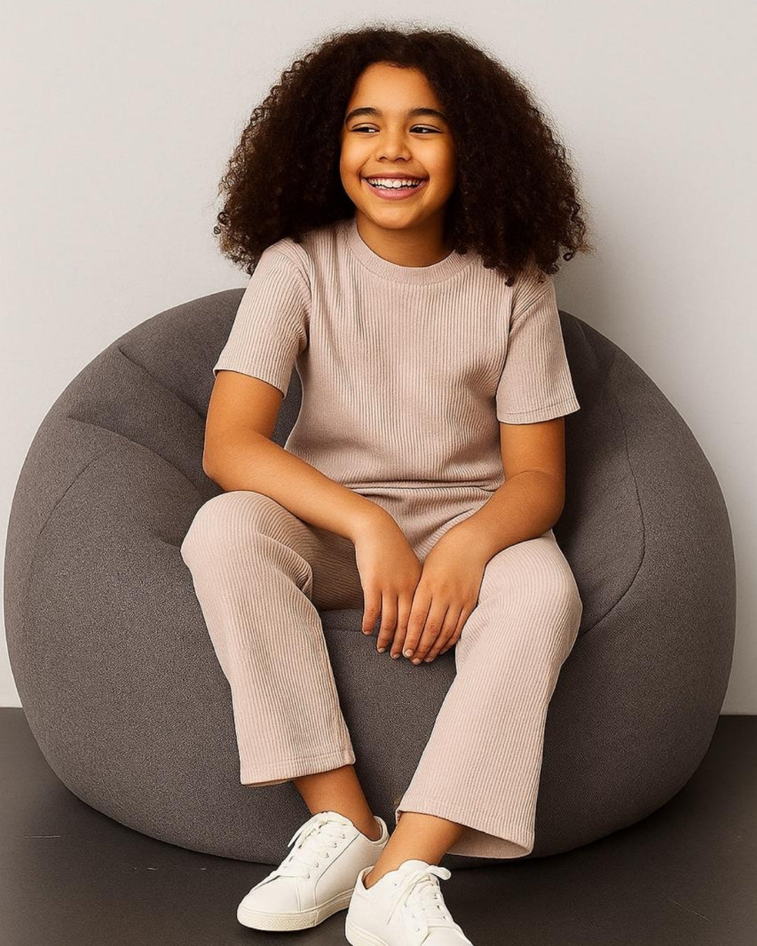 Beige Premium Cotton Half Sleeves Solid Co-ord Set for Girls