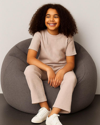 Beige Premium Cotton Half Sleeves Solid Co-ord Set for Girls