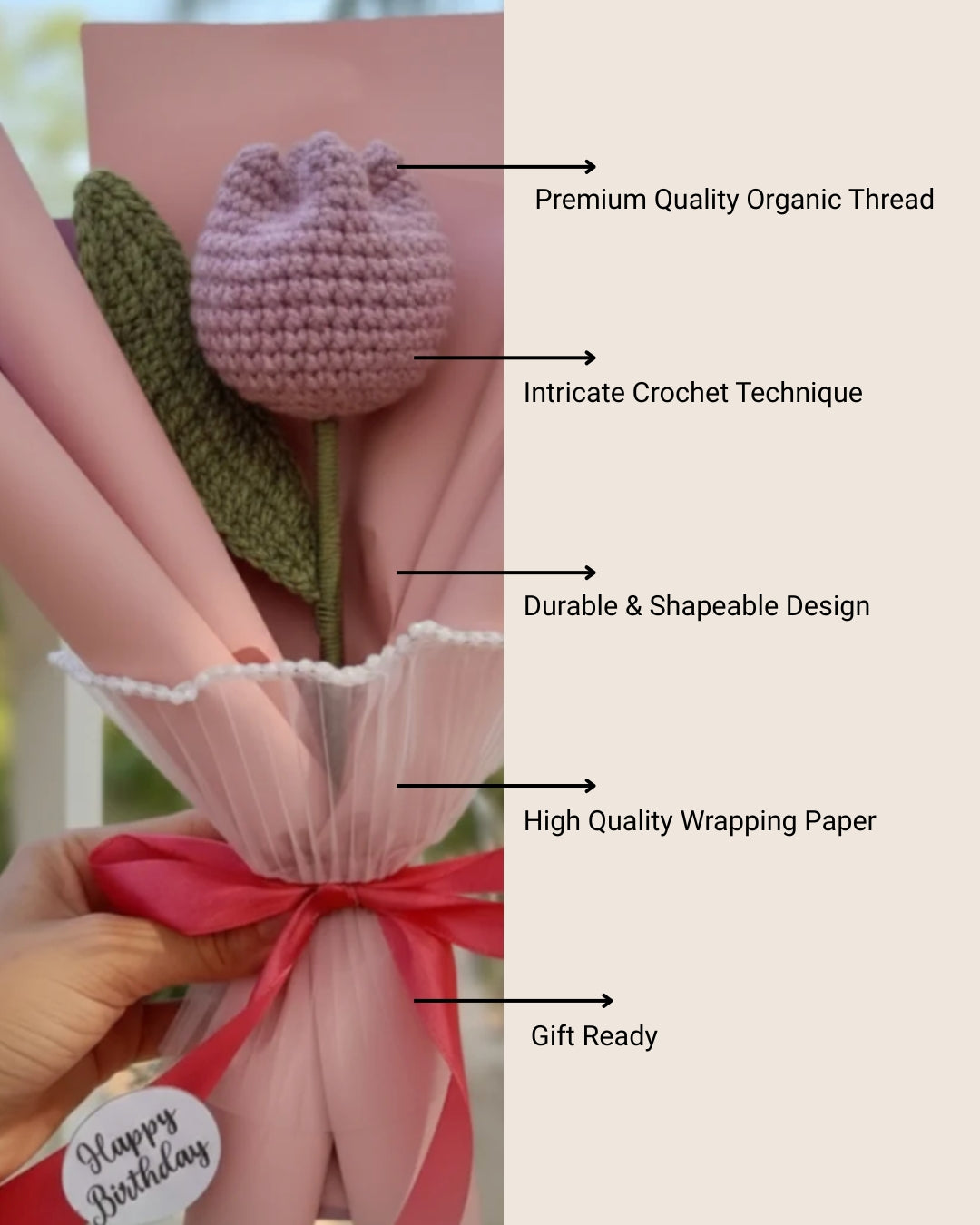 Handmade Crochet Mauve Tulip Bouquet