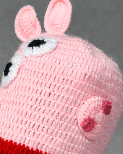 Pink Self Design Beanie Handmade Knitted Woollen Cap for Girls