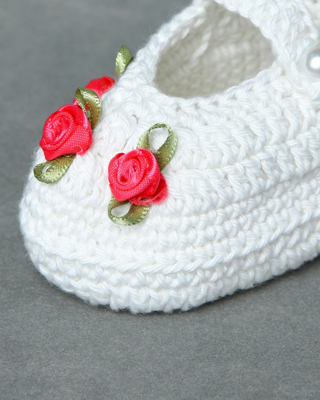 White Handmade Organic Thread Crochet Booties with Pink Floral Embellishment for Girls