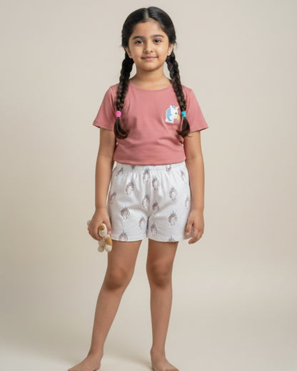 Multicolor Unicorn Printed Shorts Night Dress for Girls