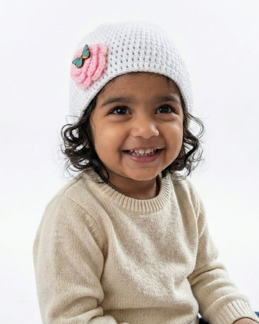 White Handmade Woollen Cap for Girls with Flower
