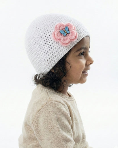 White Handmade Woollen Cap for Girls with Flower