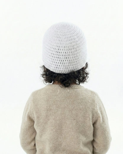 White Handmade Woollen Cap for Girls with Flower