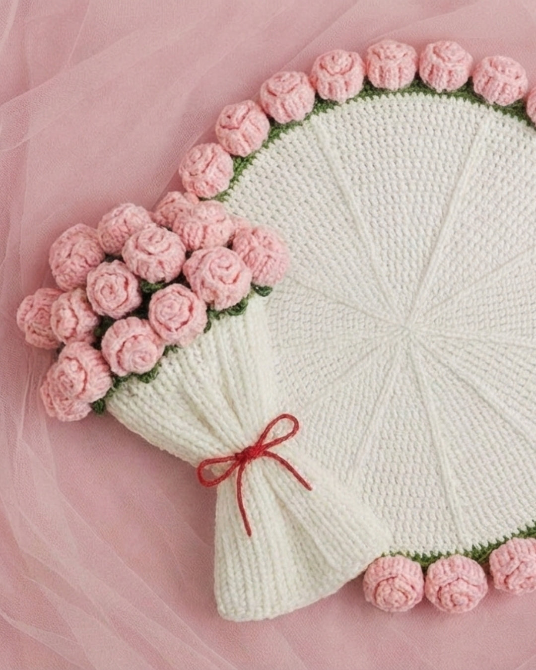 Handmade Crochet Pink Rose Bouquet Throw Blanket
