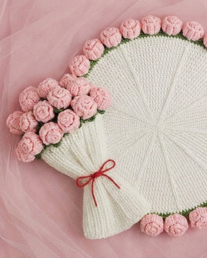 Handmade Crochet Pink Rose Bouquet Throw Blanket