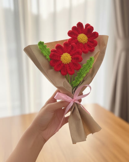 Handmade Crochet Red Daisy Bouquet