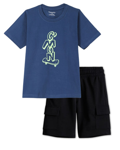 Graphic Printed Premium Cotton Half Sleeves Blue T-Shirt with Black Shorts for Boys
