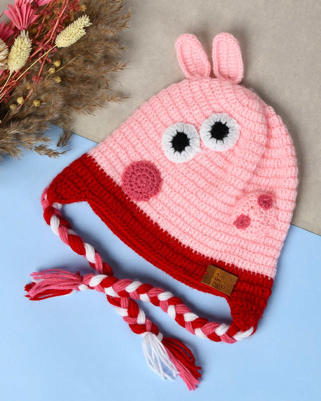 Pink Self Design Beanie Handmade Knitted Woollen Cap for Girls
