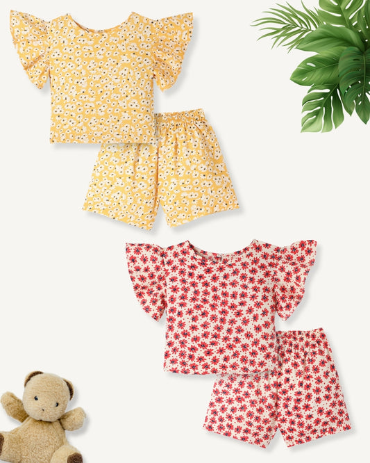Yellow & Red Premium Cotton Bio Finish Flutter Sleeves Printed Top & Shorts Co-ord Set for Girls - Pack of 2