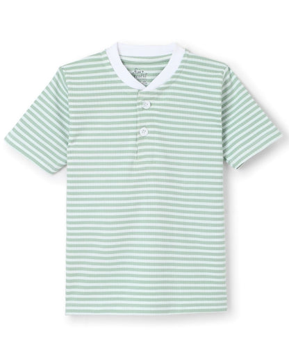 Strips Printed Premium Cotton Half Sleeves Green & White T-Shirt with Grey Jogger for Boys