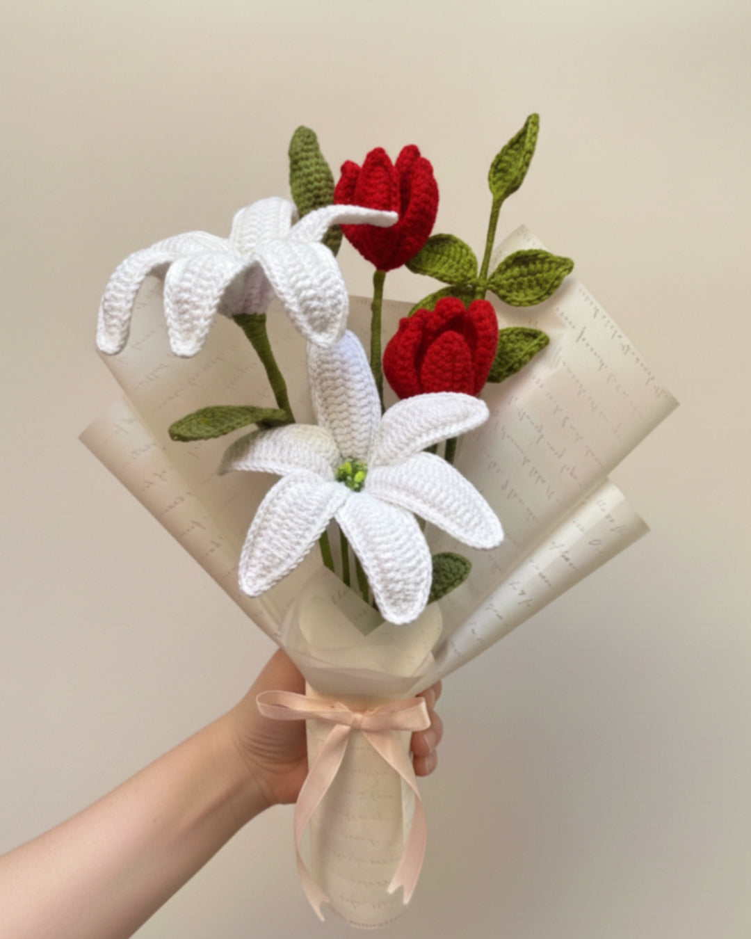 Handmade Crochet Premium Organic Thread White Lily & Red Tulip Bouquet