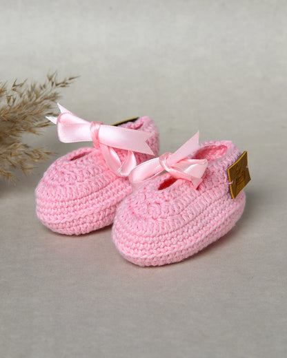 Pink Handmade Organic Thread Crochet Booties with Cute Bow Design