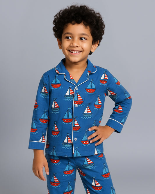 Blue Ship Printed Cotton Night Suit for Boys