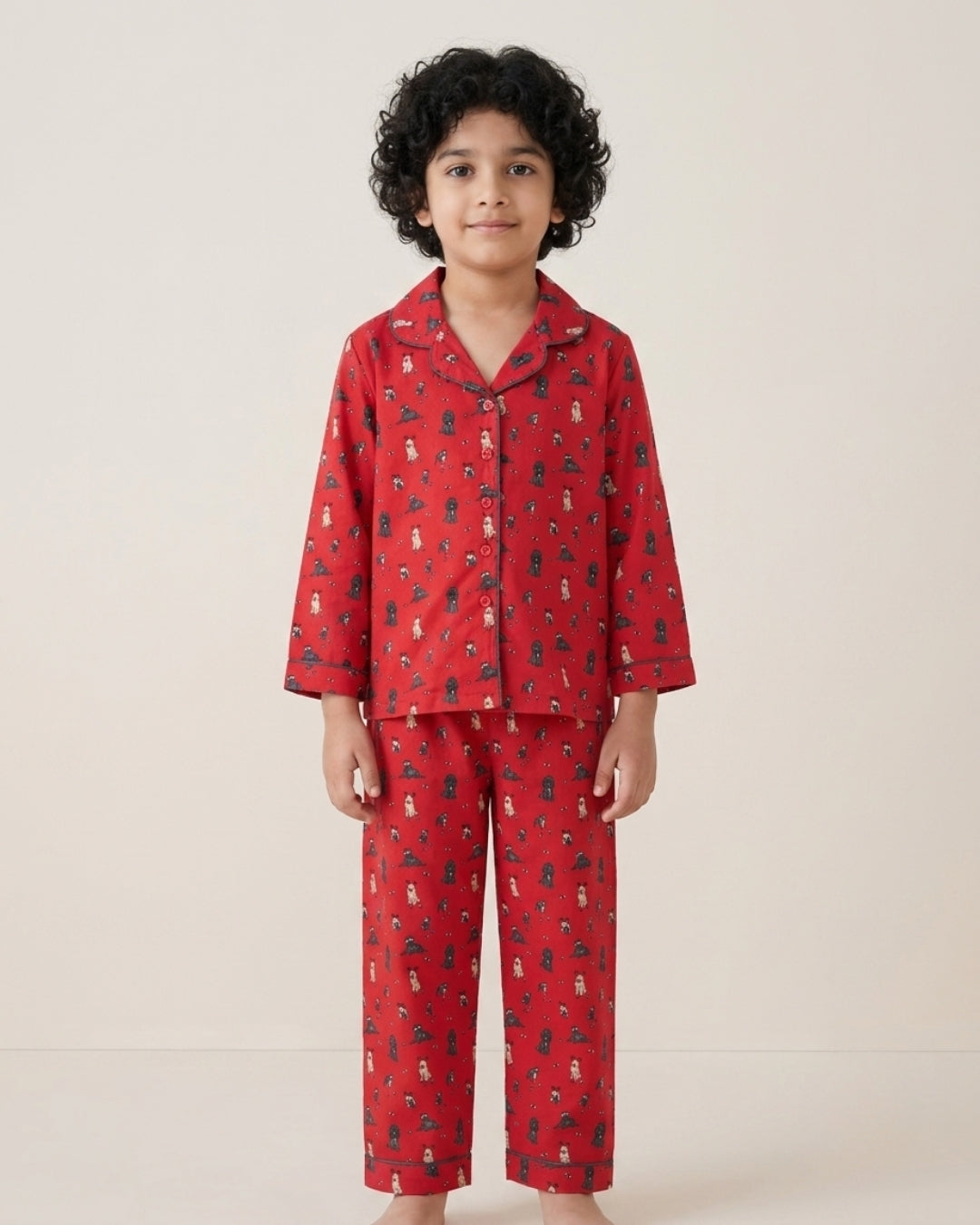Red Premium Cotton Full Sleeves Puppy Printed Collar Style Pyjama & T-Shirt Set for Boys & Girls