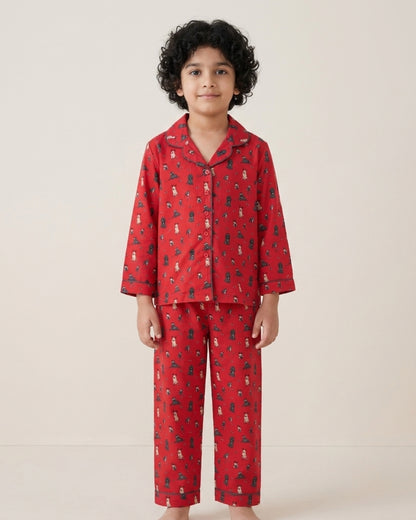 Red Premium Cotton Full Sleeves Puppy Printed Collar Style Pyjama & T-Shirt Set for Boys & Girls