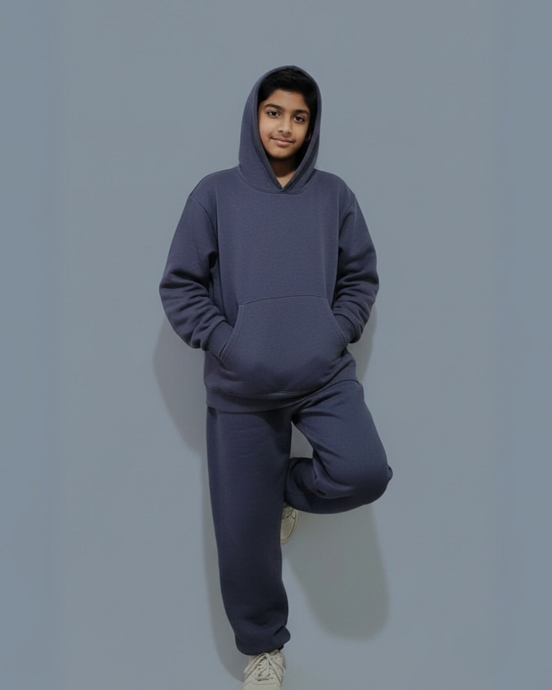 Navy Blue Premium Cotton Full Sleeves Solid Jogger Set for Boys