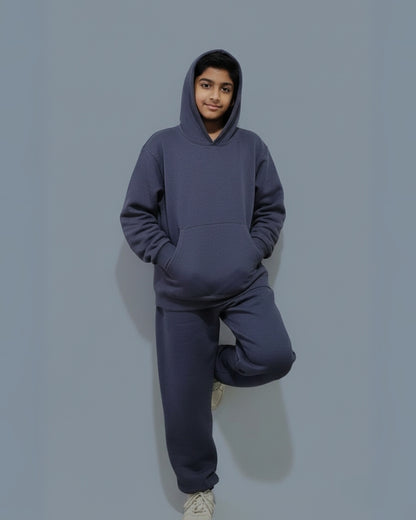 Navy Blue Premium Cotton Full Sleeves Solid Jogger Set for Boys